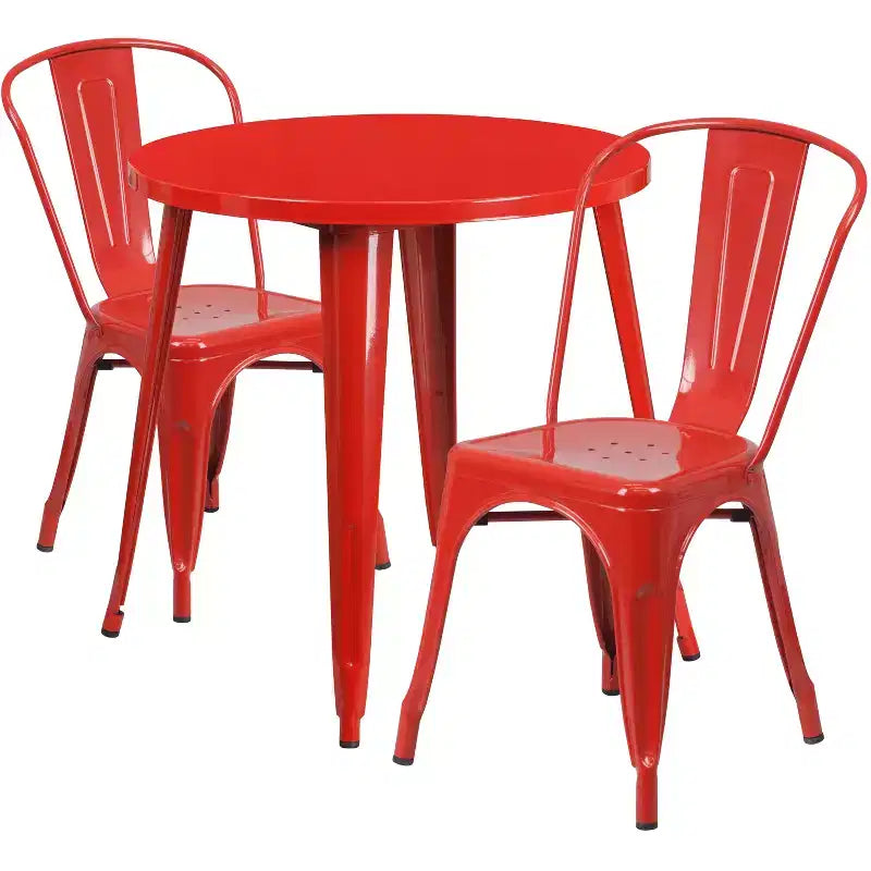 Ensemble de table ronde d'intérieur-extérieur en métal de 76 cm de diamètre de qualité commerciale Flash Furniture avec 2 chaises de café