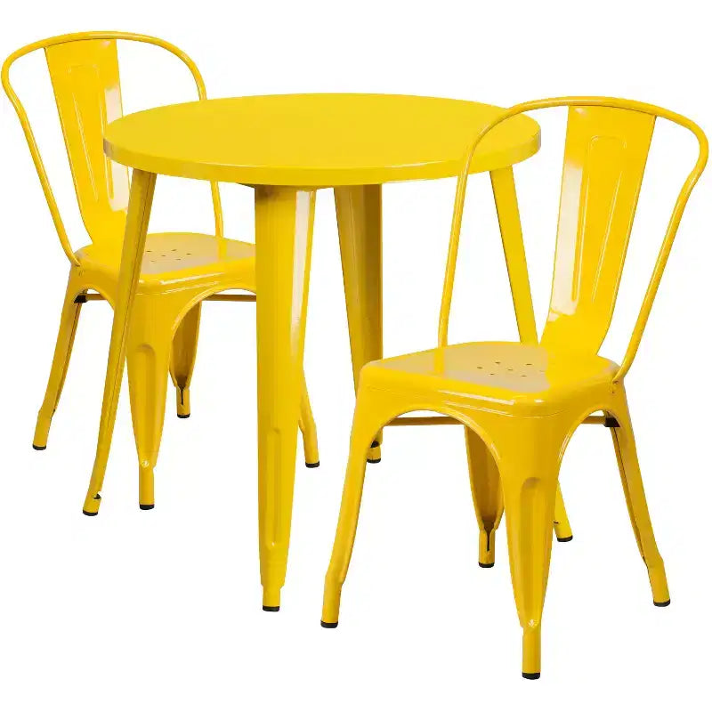 Ensemble de table ronde d'intérieur-extérieur en métal de 76 cm de diamètre de qualité commerciale Flash Furniture avec 2 chaises de café