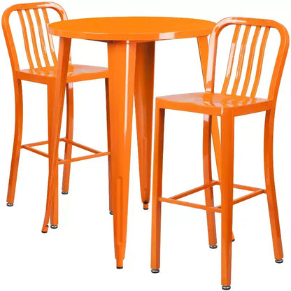 Ensemble de table de bar ronde en métal de 30 po de qualité commerciale Flash Furniture avec 2 tabourets à dossier à lattes verticales pour l'intérieur et l'extérieur