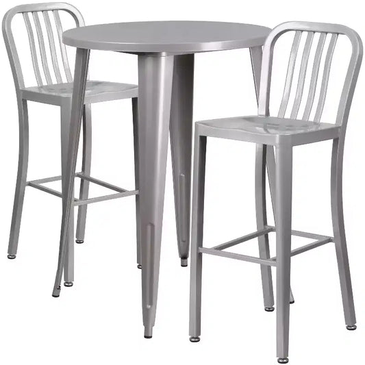 Flash Furniture Commercial Grade 30 Round Metal Indoor-Outdoor Bar Table Set with 2 Vertical Slat Back Stools