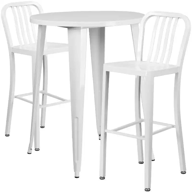 Ensemble de table de bar ronde en métal de 30 po de qualité commerciale Flash Furniture avec 2 tabourets à dossier à lattes verticales pour l'intérieur et l'extérieur