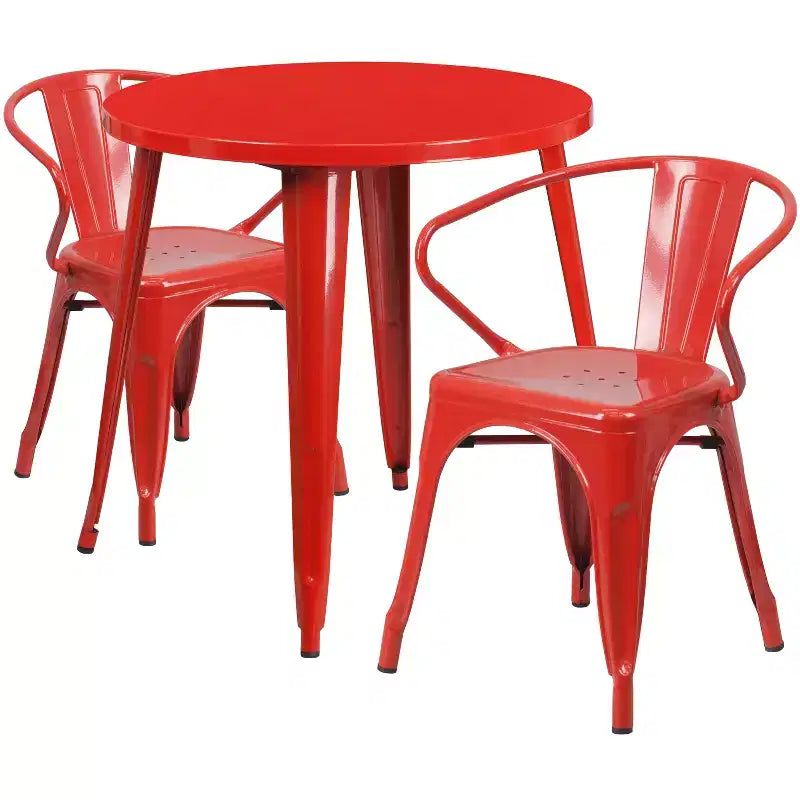 Flash Furniture Commercial Grade 30 Round Metal Indoor-Outdoor Table Set with 2 Arm Chairs