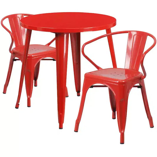 Flash Furniture Commercial Grade 30 Round Metal Indoor-Outdoor Table Set with 2 Arm Chairs