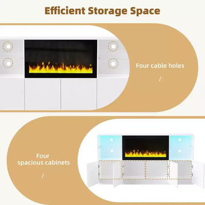 Meuble TV moderne avec lumières LED pour téléviseur de 75 pouces, table console multimédia avec étagères en verre trempé et foyer non chauffant