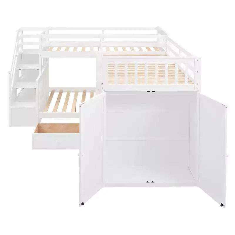 Lit superposé en L Whisen Modern Design (jumeau sur grand) avec 3 tiroirs, bureau portable et armoire