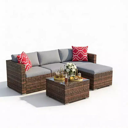 Set Mobili da Giardino 5 Pezzi, Divano Sezionale in Vimini per Tutte le Stagioni con Cuscini Antiscivolo, Set Divano in Rattan per Esterni con Pouf