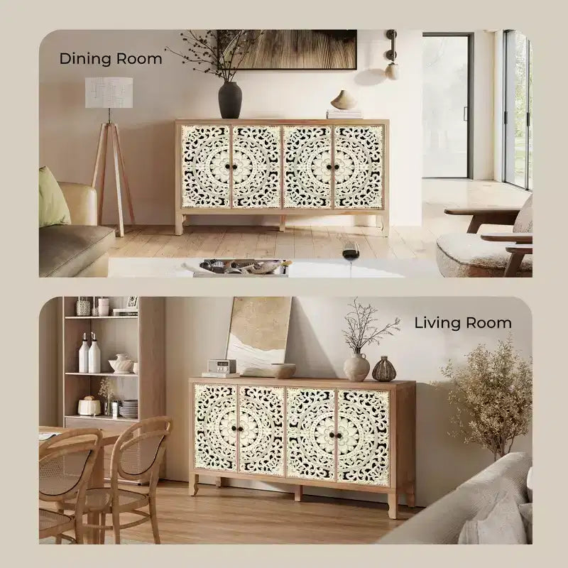Credenza Buffet con Mobile Contenitore, Mobile Contenitore Effetto Invecchiato con 4 Ante Intagliate e Ripiano Regolabile, Credenze Buffet Laterali in Legno