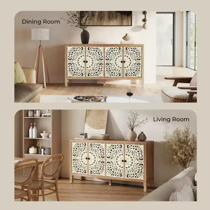 Credenza Buffet con Mobile Contenitore, Mobile Contenitore Effetto Invecchiato con 4 Ante Intagliate e Ripiano Regolabile, Credenze Buffet Laterali in Legno