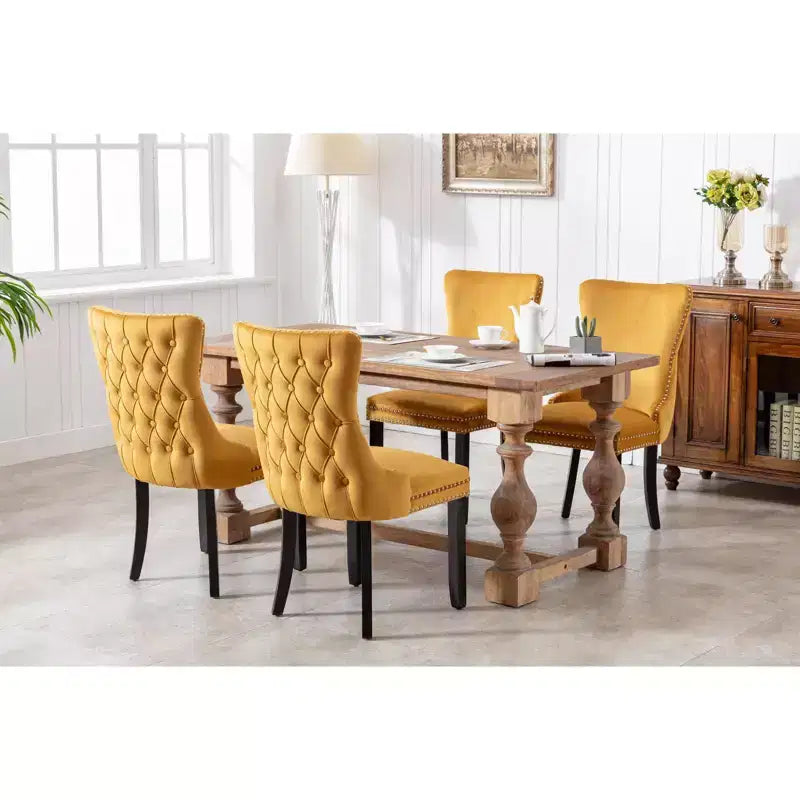 Lot de 2 chaises de salle à manger en velours avec garniture cloutée et pieds en bois - Style rétro, assise confortable pour salle à manger et cuisine