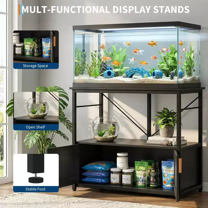 Supporto per acquario resistente per vasche da 150-190 litri, mobile in metallo e legno, capacità 300 kg, porta accessori per pesci, organizer elegante per la casa