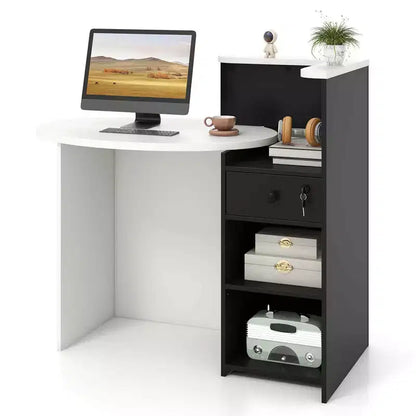 Costway Bancone per Reception, Scrivania da Ufficio con Ripiano Aperto e Cassetto con Serratura, Bianco/Marrone/Nero