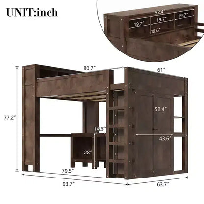 Lit mezzanine Whisen Wooden Queen avec armoire et bureau, tête de lit intégrée avec rangement