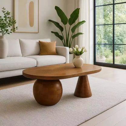 Table basse Royal Hampton | Plateau ovale en bois de manguier fait main 38 po | Piètement rond à boules et cônes