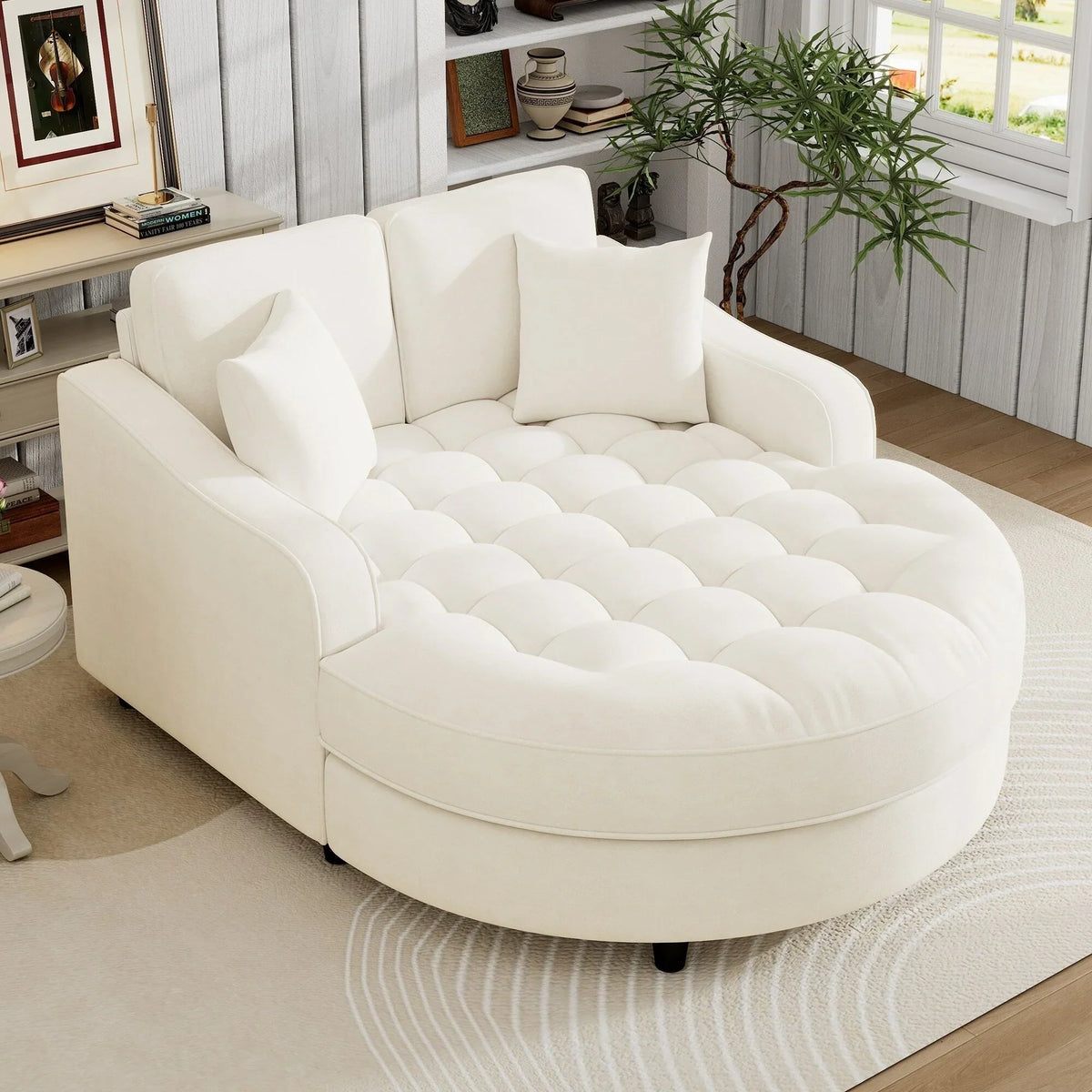 Divano Letto Chaise Longue in ciniglia, Divano Imbottito con Schienale Trapuntato e 2 Cuscini Rimovibili per Soggiorno