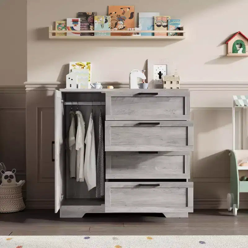 Armadio Guardaroba, 109,98 cm H, in Legno, con 4 Cassetti e Asta Appendiabiti, Rovere Naturale Grigio