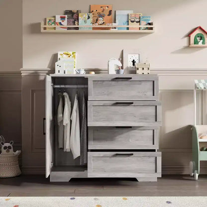 Armadio Guardaroba, 109,98 cm H, in Legno, con 4 Cassetti e Asta Appendiabiti, Rovere Naturale Grigio