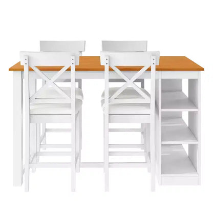 Set da pranzo a 5 pezzi in stile rustico ad altezza bancone per 4 persone, set da tavolo da bar in legno con ripiani e 4 sedie imbottite