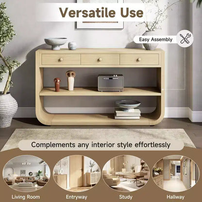ModernLuxe Tavolo curvo da ingresso, Tavolo consolle, Tavolino da divano, Espositore, Tavolino d'appoggio con 3 cassetti a chiusura ammortizzata e 2 ripiani aperti
