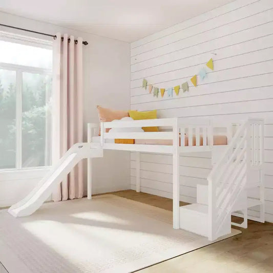 Lit mezzanine bas pour enfant, format jumeau, avec toboggan et escalier, plateforme de lit enfant en bois massif