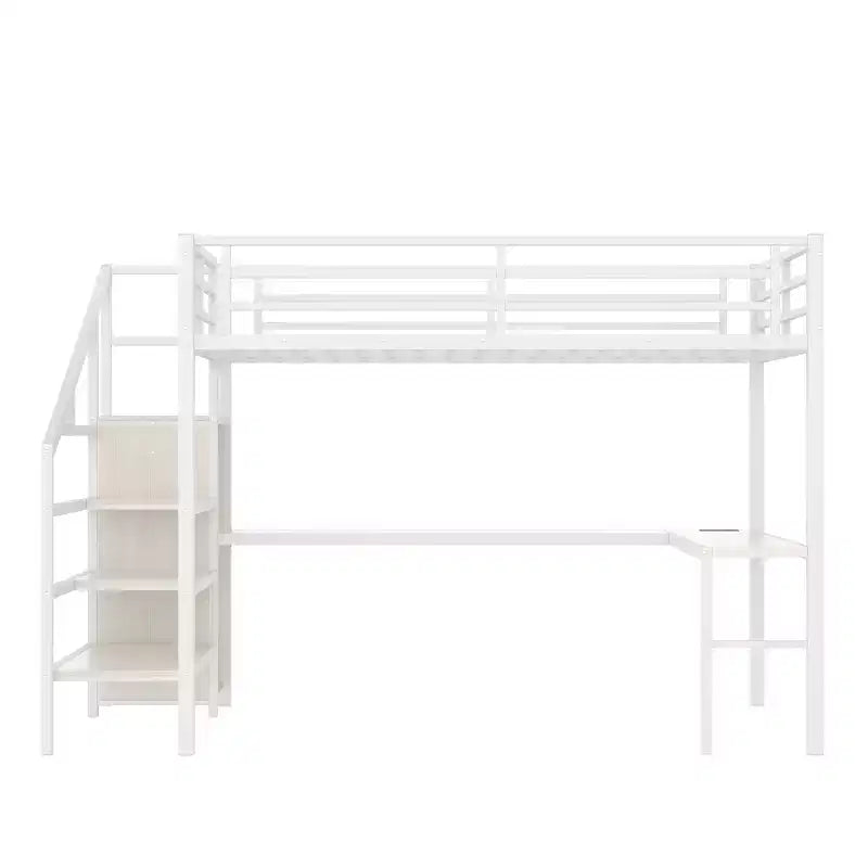 Letto a soppalco Queen Size con scrivania a L e USB, Letto a soppalco in metallo con armadio e regolabile