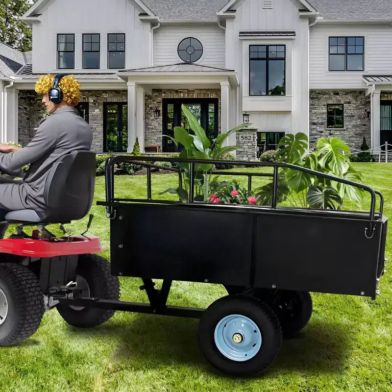 Carrello Ribaltabile in Acciaio Super Resistente da 750 libbre, Rimorchio da Giardino Utilitario da 15 piedi cubi con Sponda Rimovibile e Ruote da 16 pollici, Trainabile con Trattore o Rasaerba