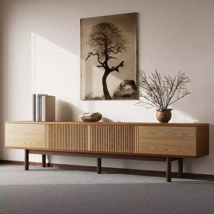 Meuble TV Mid-Century Modern 86,6 po en bois massif, console média avec espace de rangement, couleur naturelle