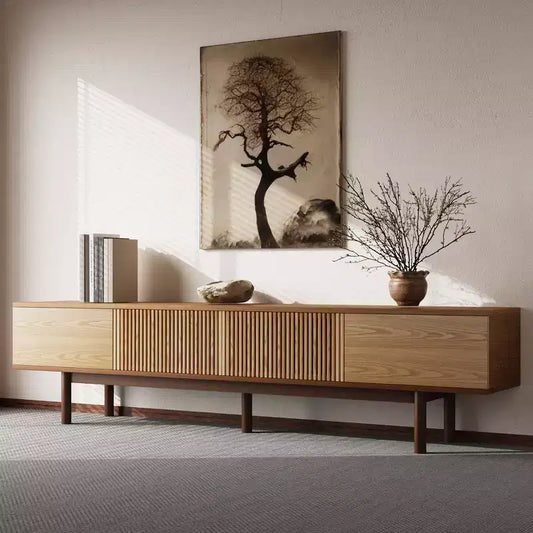 Mobile TV Mid-Century Modern 86.6 in Legno Massello, Consolle Multimediale con Spazio Contenitore, Colore Naturale