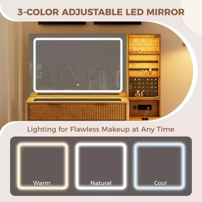 Toeletta da trucco scanalata da 122 cm con specchio e luci LED, stazione di ricarica, sgabello contenitore imbottito per camera da letto