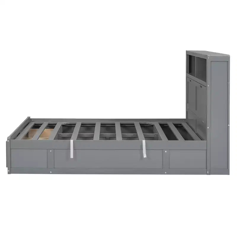 Letto a piattaforma idraulico Full/Queen con contenitore testiera a LED, stazione di ricarica, 2 cassetti e spazio di archiviazione sotto il letto, Bianco/Grigio-ModernLuxe