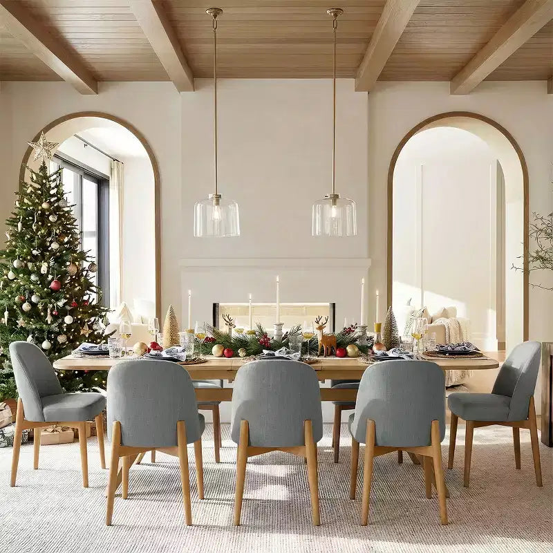 Set da pranzo 9 pezzi per 8 persone, tavolo allungabile con base a cavalletto e sedie imbottite con gambe in legno massello-Panipeachy