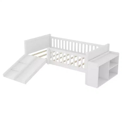 Lit superposé simple Whisen pour enfant avec toboggan, étagère de rangement mobile, balustrades, cadre de lit mezzanine bas