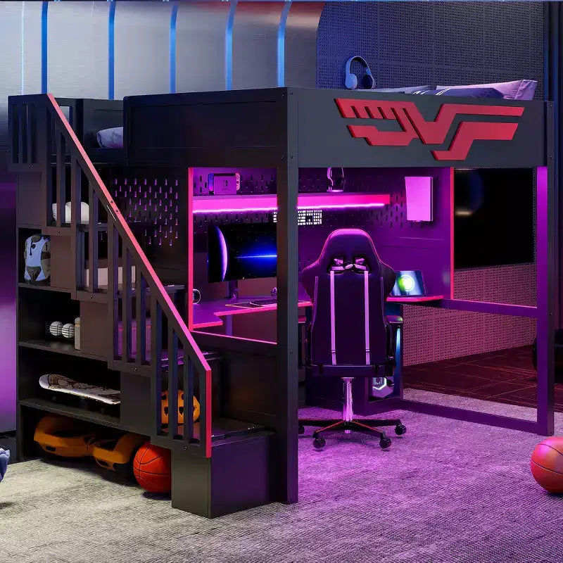 Lit superposé pleine grandeur Whisen avec bureau et escalier de rangement – Rouge et noir