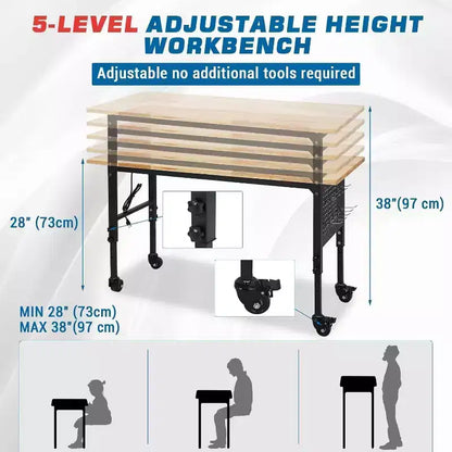 Établi à cadre métallique noir avec plateau en bois, panneau perforé et roulettes – 1 personne, capacité de 907 kg