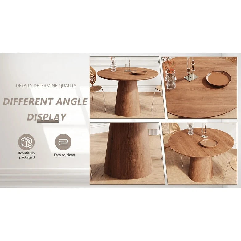 Table de salle à manger ronde pour 4-6 personnes, en bois naturel avec pied conique en bois, style rustique minimaliste