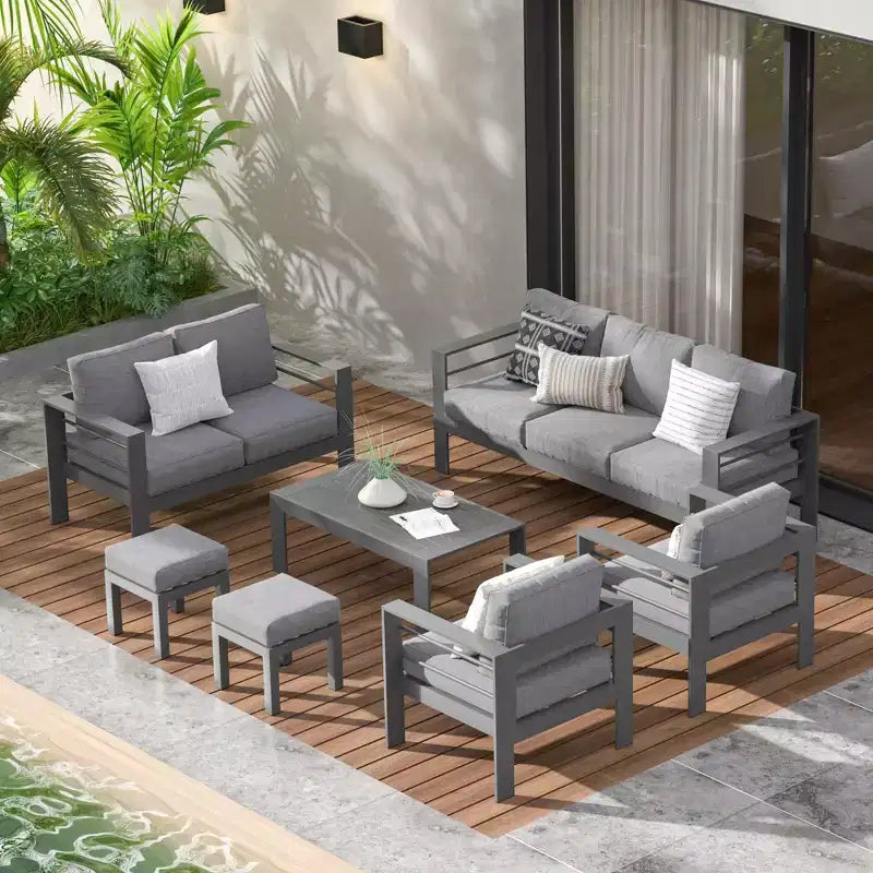Set di mobili da patio da esterno in alluminio Heynemo con poggiapiedi, divano componibile in metallo da esterno con cuscino da 5 pollici e tavolino da caffè per balcone, giardino