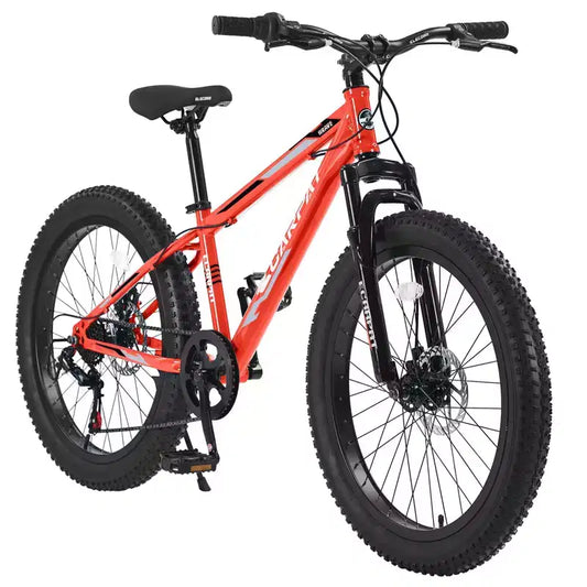 Bicicletta Okak 24" Fat Tire con Sospensione Anteriore, Mountain Bike a 7 Velocità con Freno a Disco e Telaio in Acciaio ad Alto Tenore di Carbonio, Bici da Trail per Pendolari
