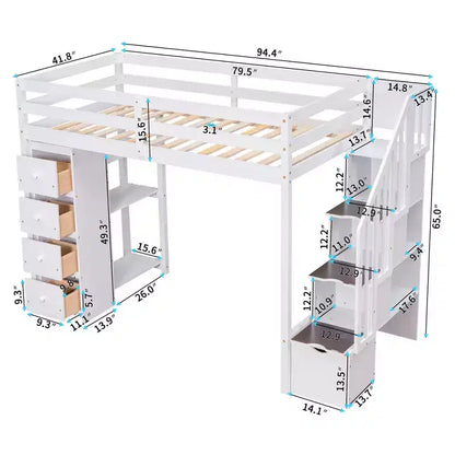 Lit mezzanine double en bois Whisen avec tiroirs de rangement, escalier et étagères
