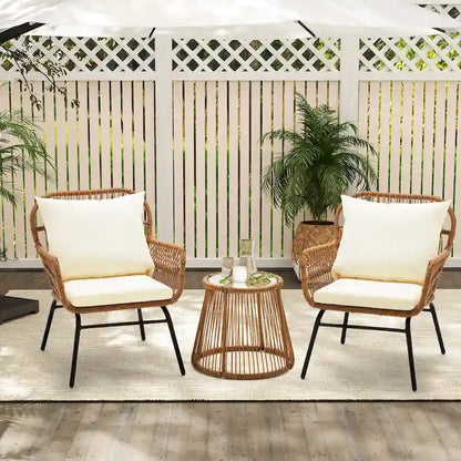 Set da Bistrot da Esterno in Rattan da 3 Pezzi, Set di Mobili da Giardino con Tavolo in Vetro e 2 Ampie Poltrone, Cuscini Inclusi