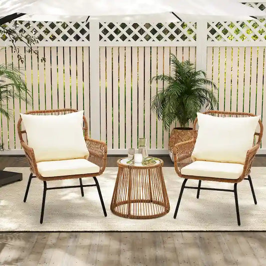 Set da Bistrot da Esterno in Rattan da 3 Pezzi, Set di Mobili da Giardino con Tavolo in Vetro e 2 Ampie Poltrone, Cuscini Inclusi