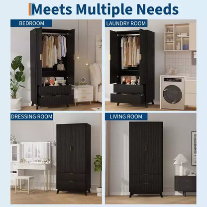 Armoire à portes cannelées, Armoire en bois de 71 pouces avec 2 portes, 2 tiroirs, étagère réglable et tringle de suspension, Armoire de rangement pour vêtements