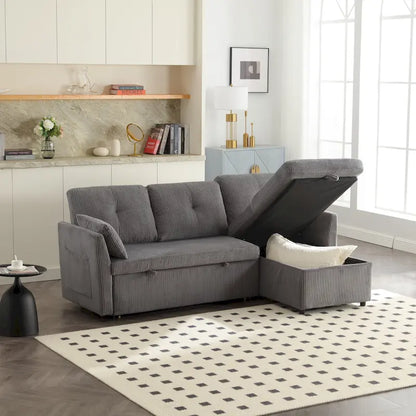 Divano Sezionale a L con Chaise Reversibile, Rivestimento in Velluto a Coste/Ciniglia, con Bracciolo Portaoggetti e Tasca Laterale