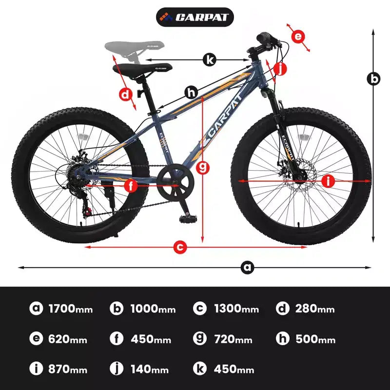 Vélo Okak 24 pouces Fat Tire avec suspension avant, VTT 7 vitesses avec frein à disque et cadre en acier à haute teneur en carbone, Vélo de randonnée pour les trajets quotidiens
