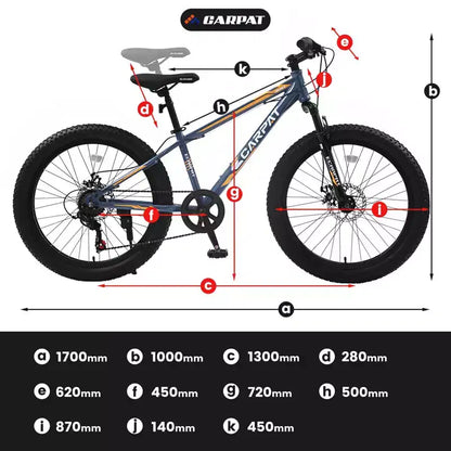 Vélo Okak 24 pouces Fat Tire avec suspension avant, VTT 7 vitesses avec frein à disque et cadre en acier à haute teneur en carbone, Vélo de randonnée pour les trajets quotidiens