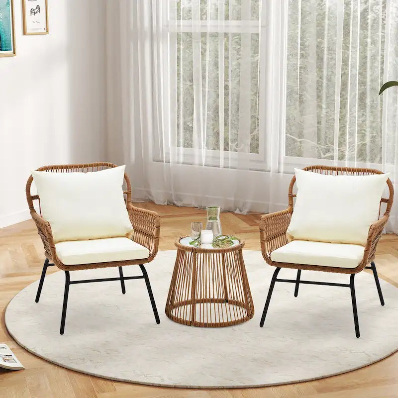 Set da Bistrot da Esterno in Rattan da 3 Pezzi, Set di Mobili da Giardino con Tavolo in Vetro e 2 Ampie Poltrone, Cuscini Inclusi