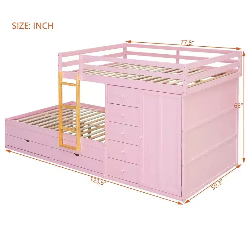 Lit superposé complet Whisen avec 2 grands tiroirs, 5 petits tiroirs et petite armoire