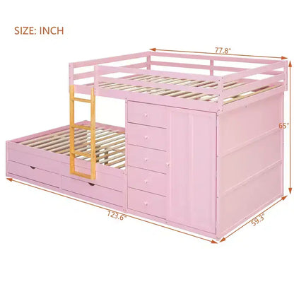 Lit superposé complet Whisen avec 2 grands tiroirs, 5 petits tiroirs et petite armoire