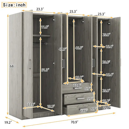 Armoire 6 portes en bois avec 3 grands tiroirs de rangement pour chambre à coucher
