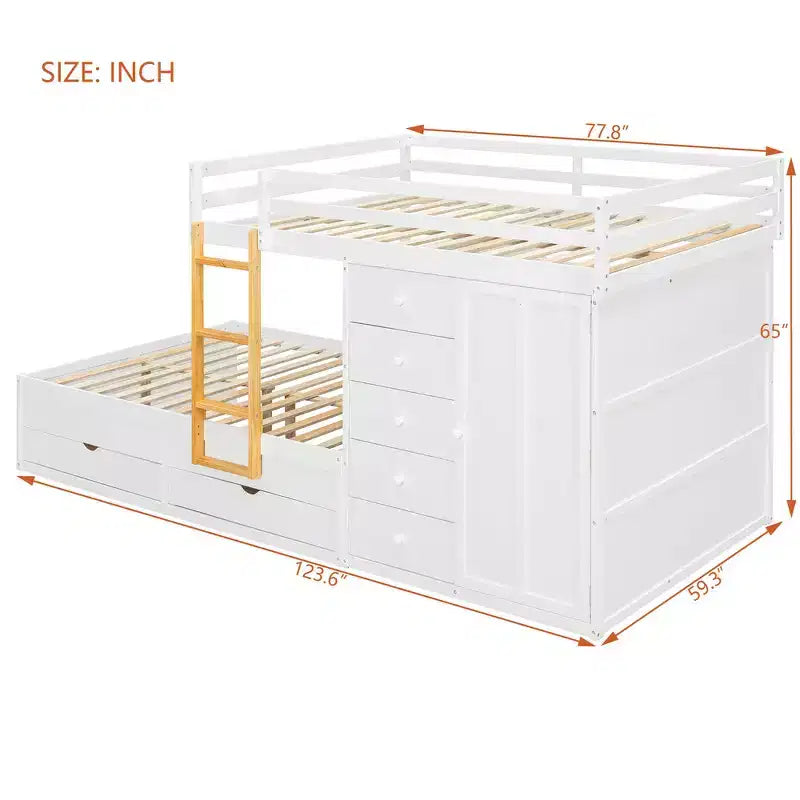 Lit superposé complet Whisen avec 2 grands tiroirs, 5 petits tiroirs et petite armoire
