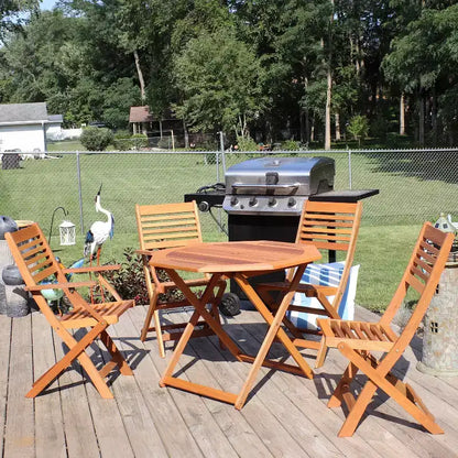 Set da pranzo da esterno pieghevole Sunnydaze con tavolo e sedie in legno Meranti con finitura a olio di teak - Marrone - 5 pz