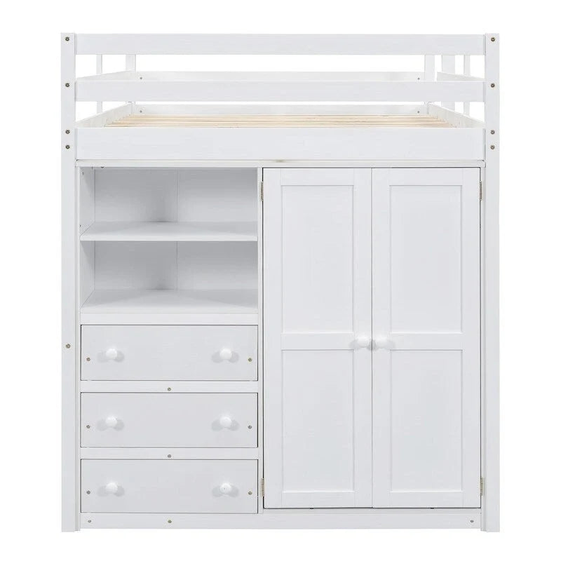 Letto a soppalco matrimoniale in legno con armadio a muro, scrivania, ripiani e cassetti portaoggetti